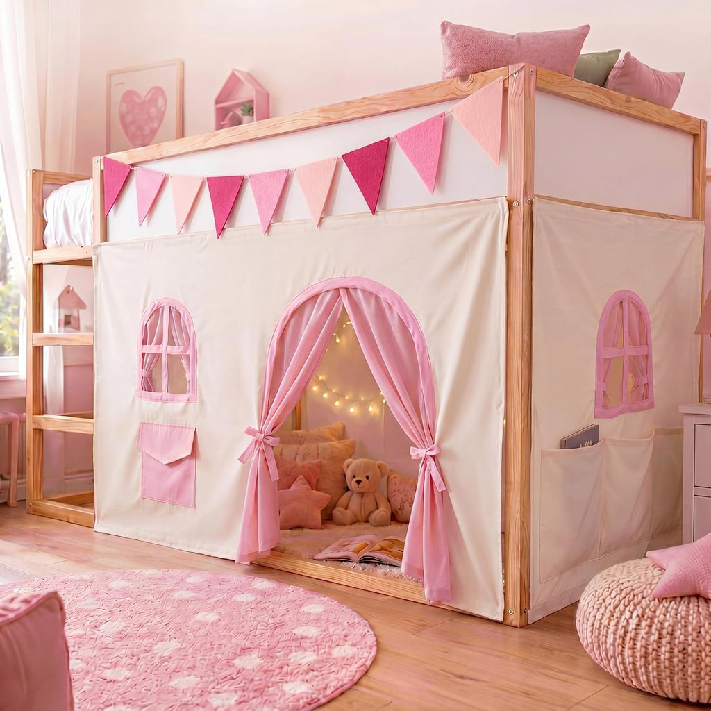 Breling 3 Panel Bunk Bed Curtains for Bottom Loft Bed Tent Set with Felt Flag Double-Layer Twin Bunk Curtains Playhouse Accessories for Boy Girl Bedroom(Beige,Magical)