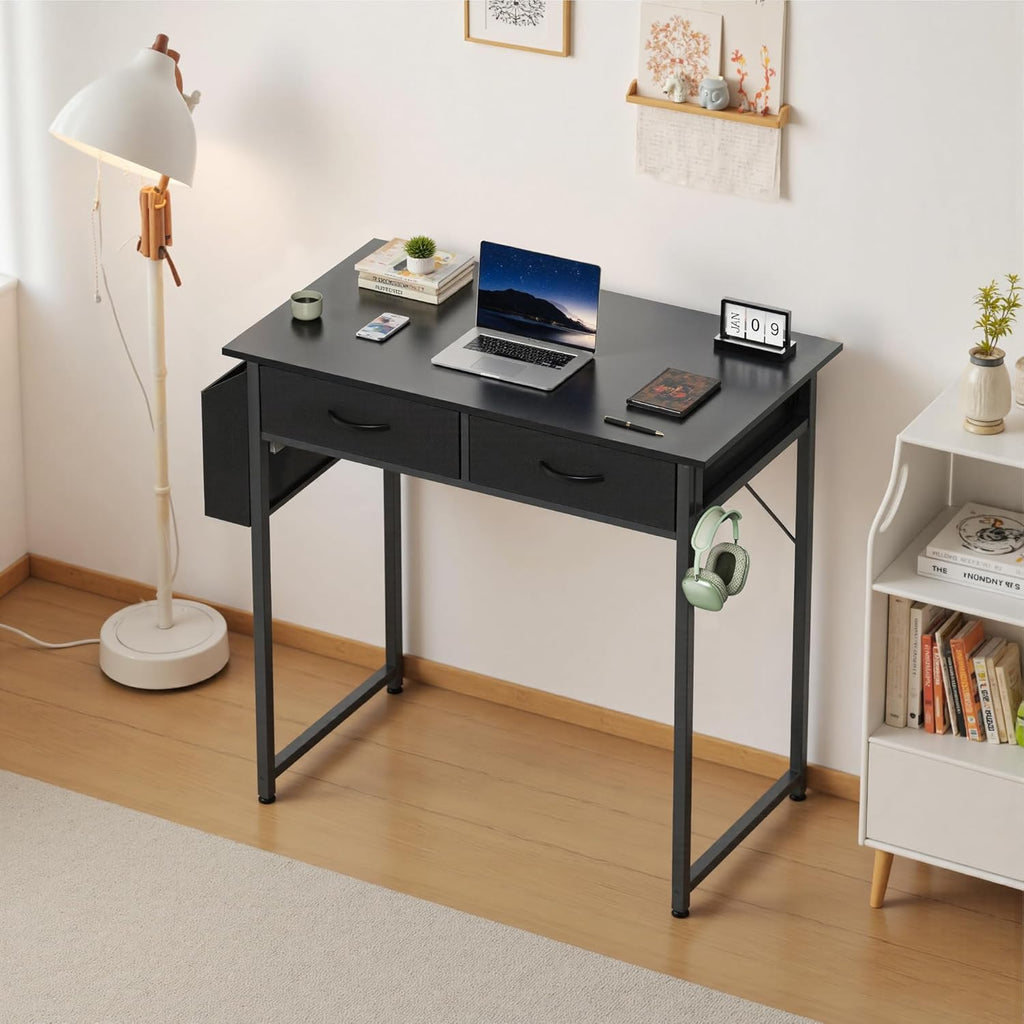 OLIXIS 32 Inch Small Desk with Fabric Drawers for Home Office, Gaming Computer Desk with Side Bag & Headphone Hook, Writing Study Work Table for Bedroom Small Space, Black