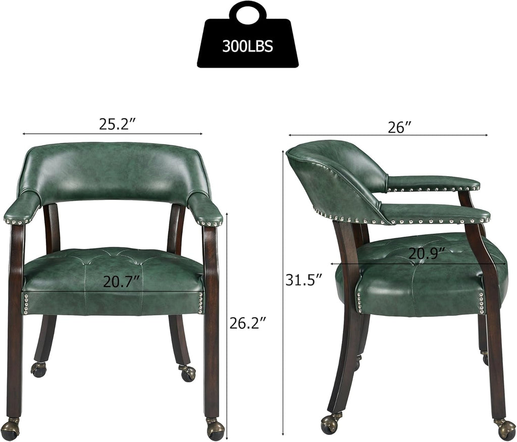 LEEMTORIG Large Dining Chairs with Casters and Arms, Rolling Dining Chairs with Wheels, Game Poker Table Chairs, Boss Caption's Chairs, 26"D x 25.2"W x 31.5"H, Espresso Legs & Green PU, XXY-1910-GN