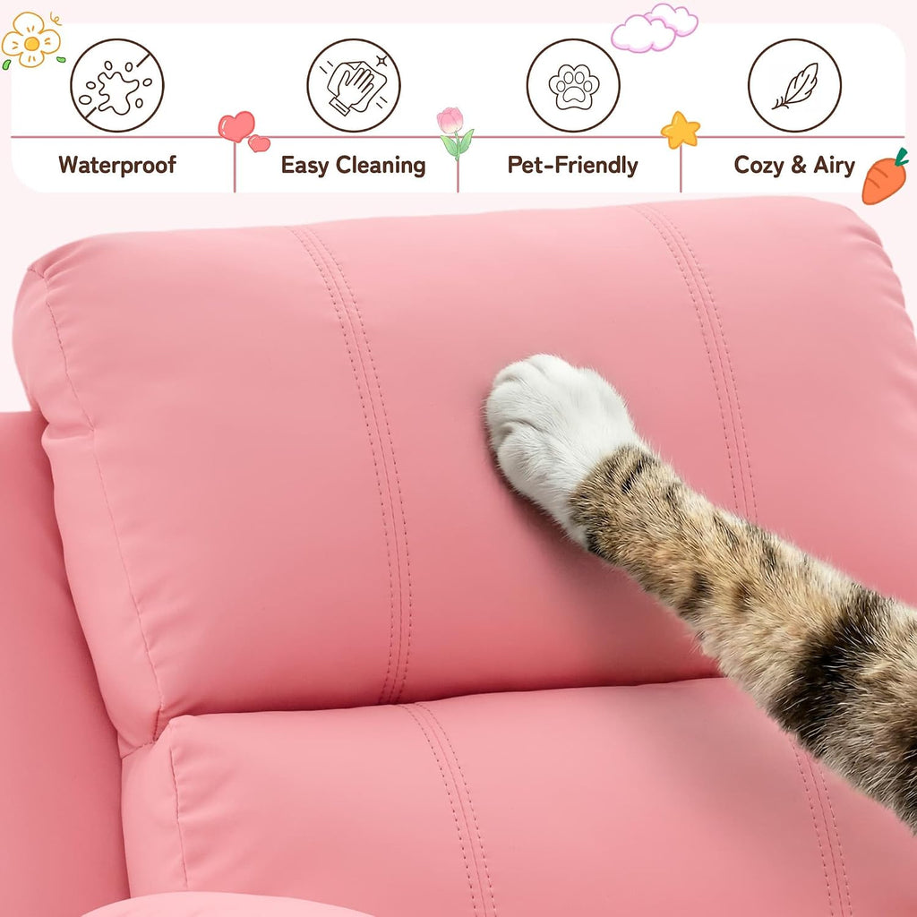 Korser Kids Recliner Chair, PU Leather Toddler Recliner with Cup Holder, Kid Recliner Sofa with Footrest, Push Back Child Reclining Chair with Side Pockets for Children Boys Girls Room, Pink