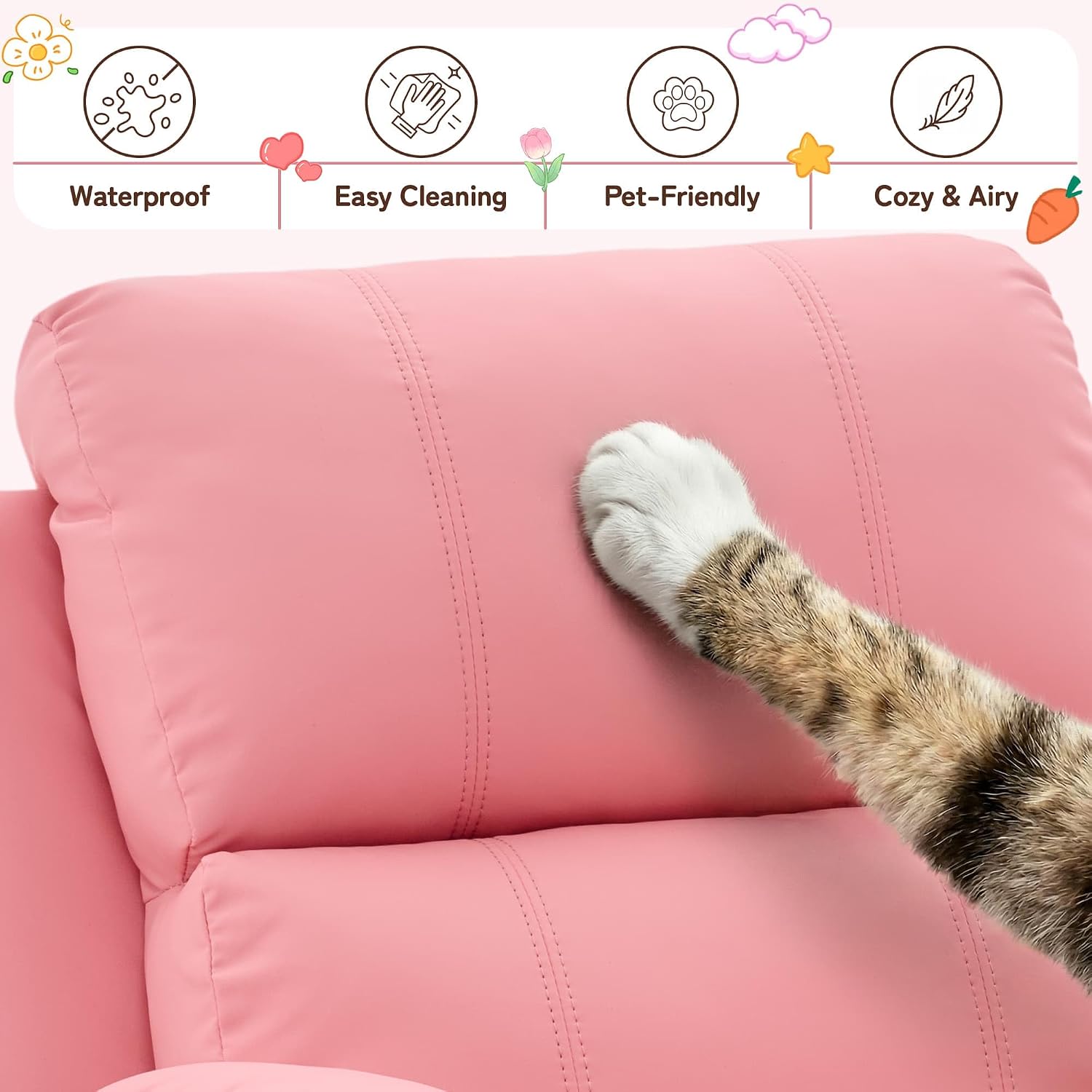 Korser Kids Recliner Chair, PU Leather Toddler Recliner with Cup Holder, Kid Recliner Sofa with Footrest, Push Back Child Reclining Chair with Side Pockets for Children Boys Girls Room, Pink