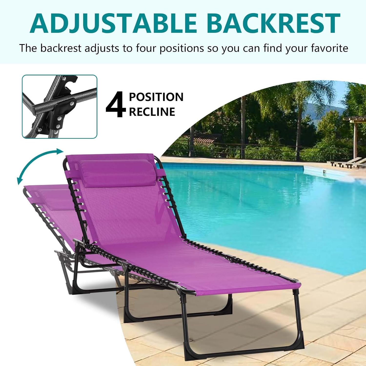 Outdoor Sun Tanning Chair Folding, Heavy Duty Adjustable 4-Position Folding Laying Out Chairs for Tanning, Beach Lounge Chairs for Adults for Sunbathing Patio Pool Lawn (Purple)
