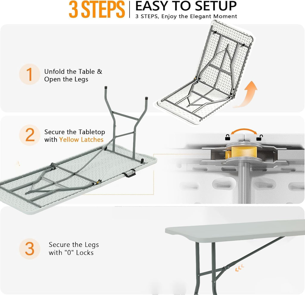 6FT Heavy Duty Folding Table, Portable Plastic Utility Table with Locking Legs & Handle, Indoor Outdoor Commercial Table for Watch Party, Tailgate, BBQ, Camping, Events, Backyard Dining White