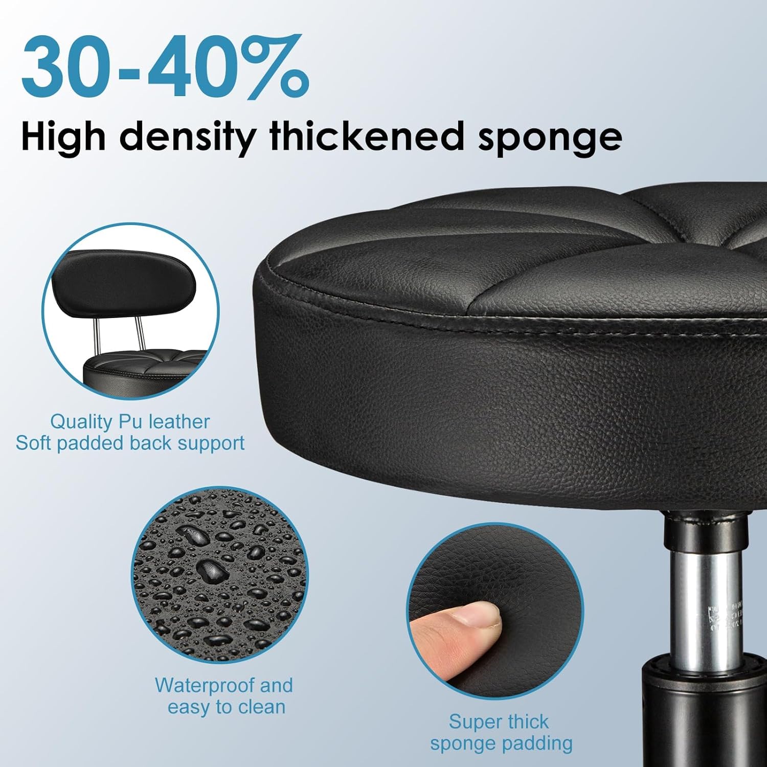PU Leather Rolling Stool with Back Support Height Adjustable Swivel Stool Chair with Wheels Drafting Chair for Spa Slaon Massage Stable Base Foot Black