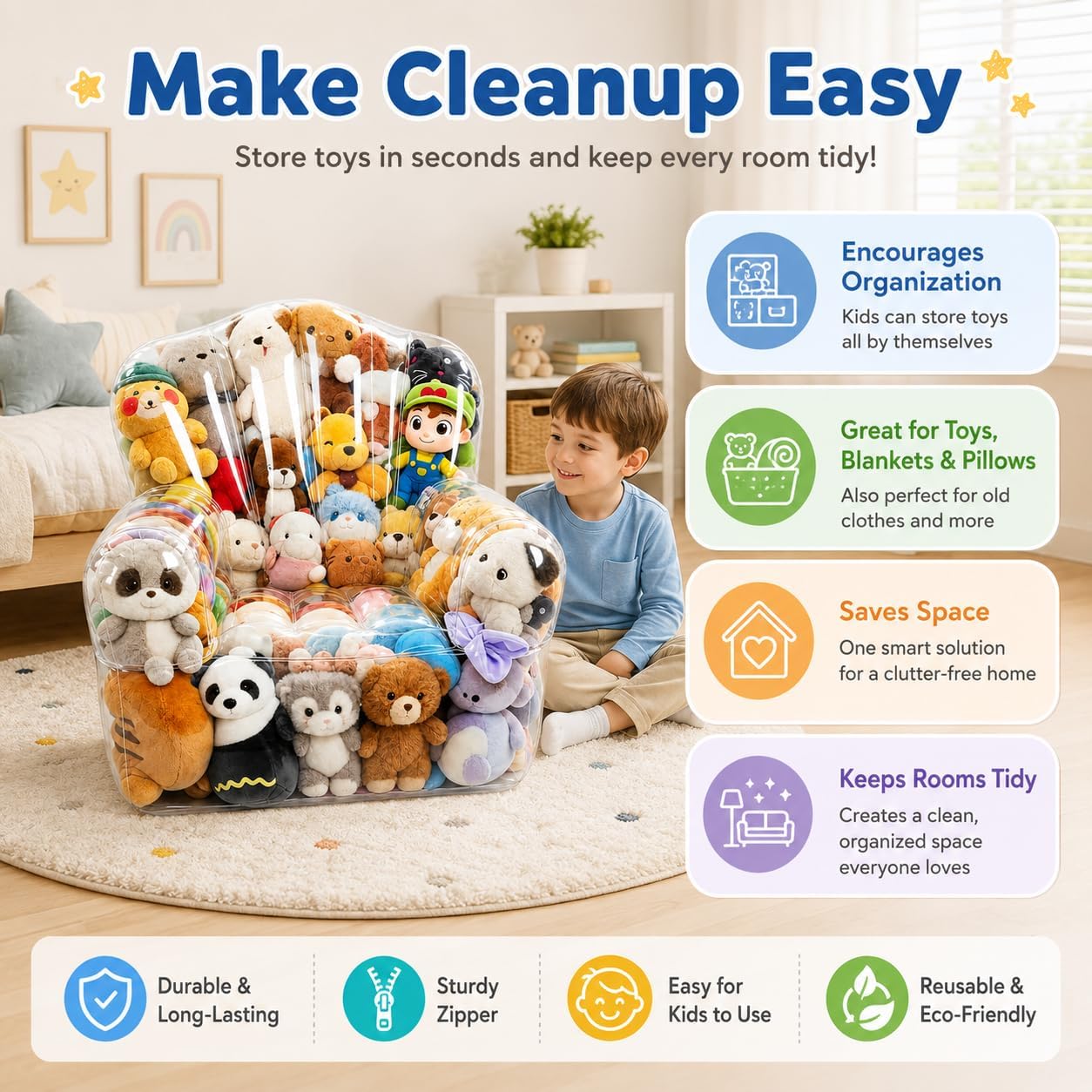 Clear Stuffed Animal Storage Bean Bag Chair Cover for Kids Waterparoof Beanbag Chair Cover with Zipper, PVC Bean Bag Chair for Children Plush Toys Storage & Organizing (Chair）