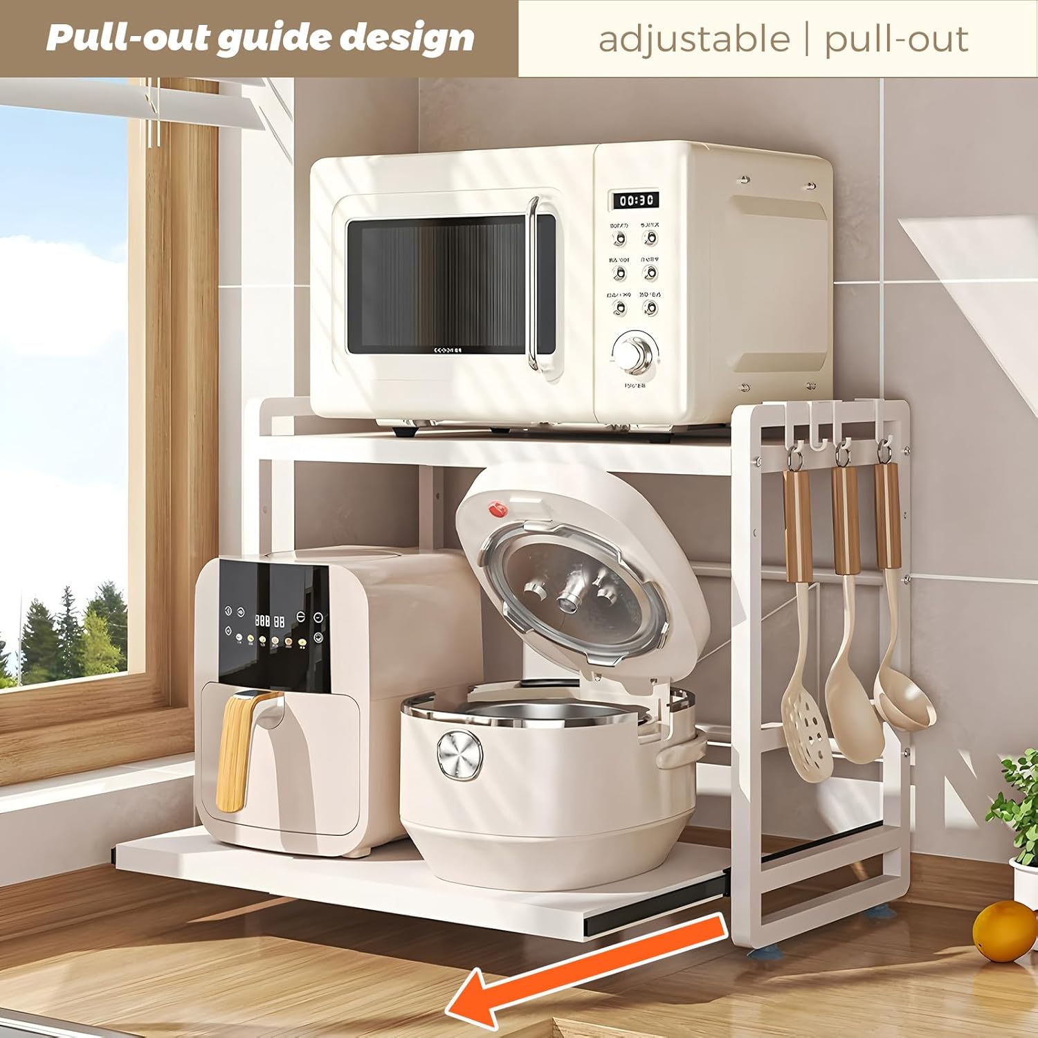 2-Tier Microwave Rack - Height Adjustable & Extendable Kitchen Shelf with Drawer - Carbon Steel - Includes Hooks & Reinforcement Suction Cups - Easy Assembly (White)