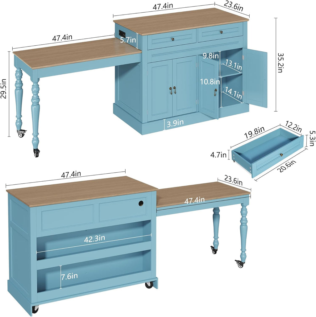 HLR 87.5" Kitchen Island with Extendable Table for 2-6, Rolling Islands Cart with 4 Doors, Mobile Kitchen Island with Storage Slide Out Legs and Power Outlet (Light Blue)
