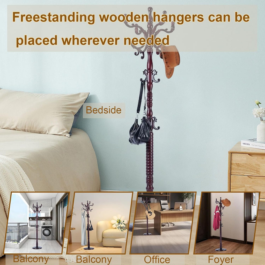 Coat Rack Freestanding with 18 Hooks, Wooden Standing Coat Racks for Entryway, Solid Wood Clothes Hanger Rack with Sturdy Round Base for Entryway, Hall, Bedroom, Office, Hallway