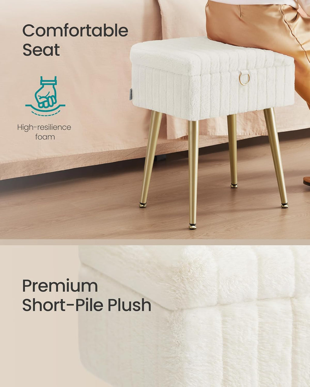 SONGMICS Vanity Stool Chair Faux Fur with Storage, Vanity Bench, Metal Legs, Adjustable Feet, for Living Room, Bedroom, Makeup Room, Cream White ULOM505WZ02