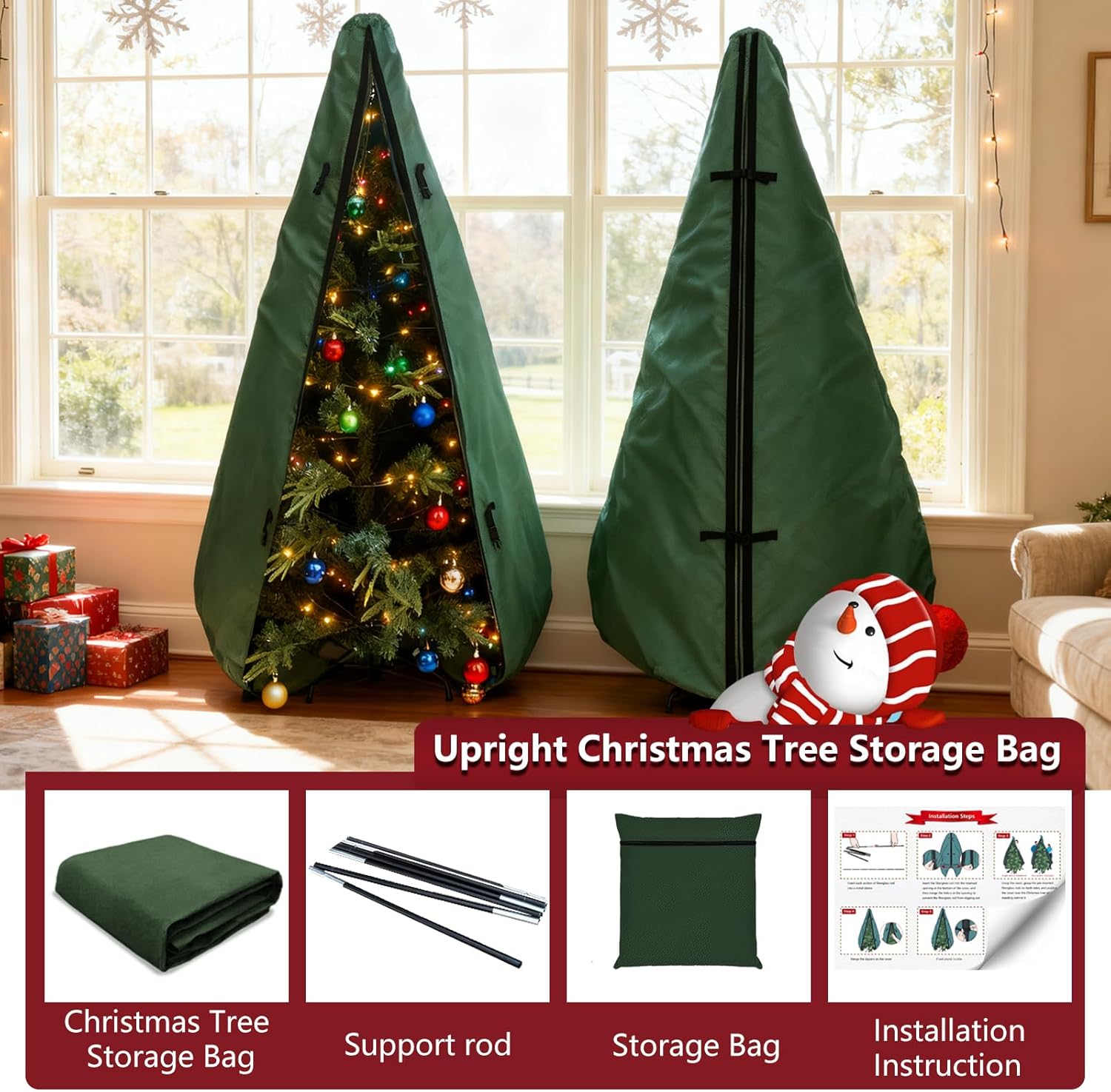 Upright Christmas Tree Storage Bag 7.5Ft,Christmas Tree Covers for Upright Storage for 7 Ft /7.5 Ft Artificial Christmas Trees with Ornaments,Equipped with Patented Support Rod Technology-Green