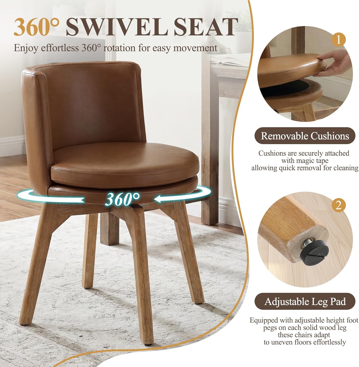 Swivel Dining Chairs Set of 2, 360° Rotating Kitchen Chairs with Solid Rubber Wood Legs, Upholstered Barrel Back Dining Room Seating for Modern Home/Kitchen - Bronw PU