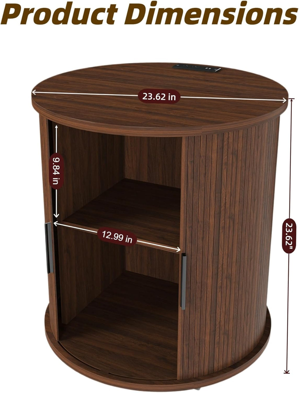 23.62" Mid-Century Mobile Round End Table with Charging Station, Modern Side Table with Slide Door & 2-Tier Storage - Rolling Fluted Nightstand for Living Room Bedroom,Walnut (1)