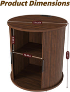 23.62" Mid-Century Mobile Round End Table with Charging Station, Modern Side Table with Slide Door & 2-Tier Storage - Rolling Fluted Nightstand for Living Room Bedroom,Walnut (1)