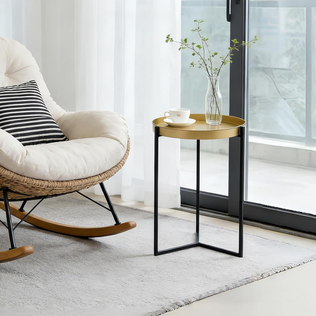 DDK 16" Round Side Table, Removable Gold Tray Top Metal End Table, Modern Small Nightstand Accent Table for Living Room Bedroom Nursery Bathroom Small Spaces