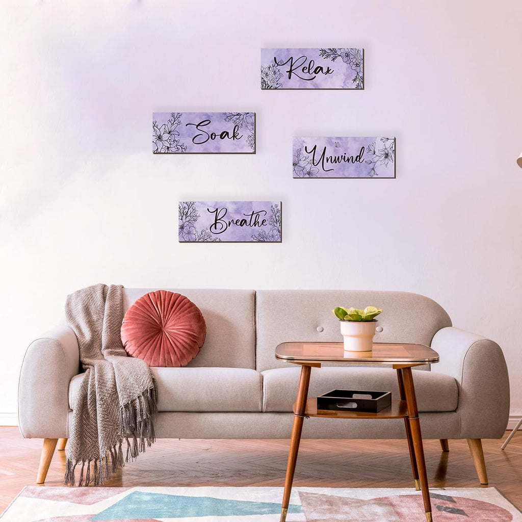 ONIZHITY 4-Piece Purple Floral Wall Art - Wooden Decor with Relax Soak Unwind Breathe Positive Hanging Art for Women's Bedroom & Living Room (10x4 Inches)