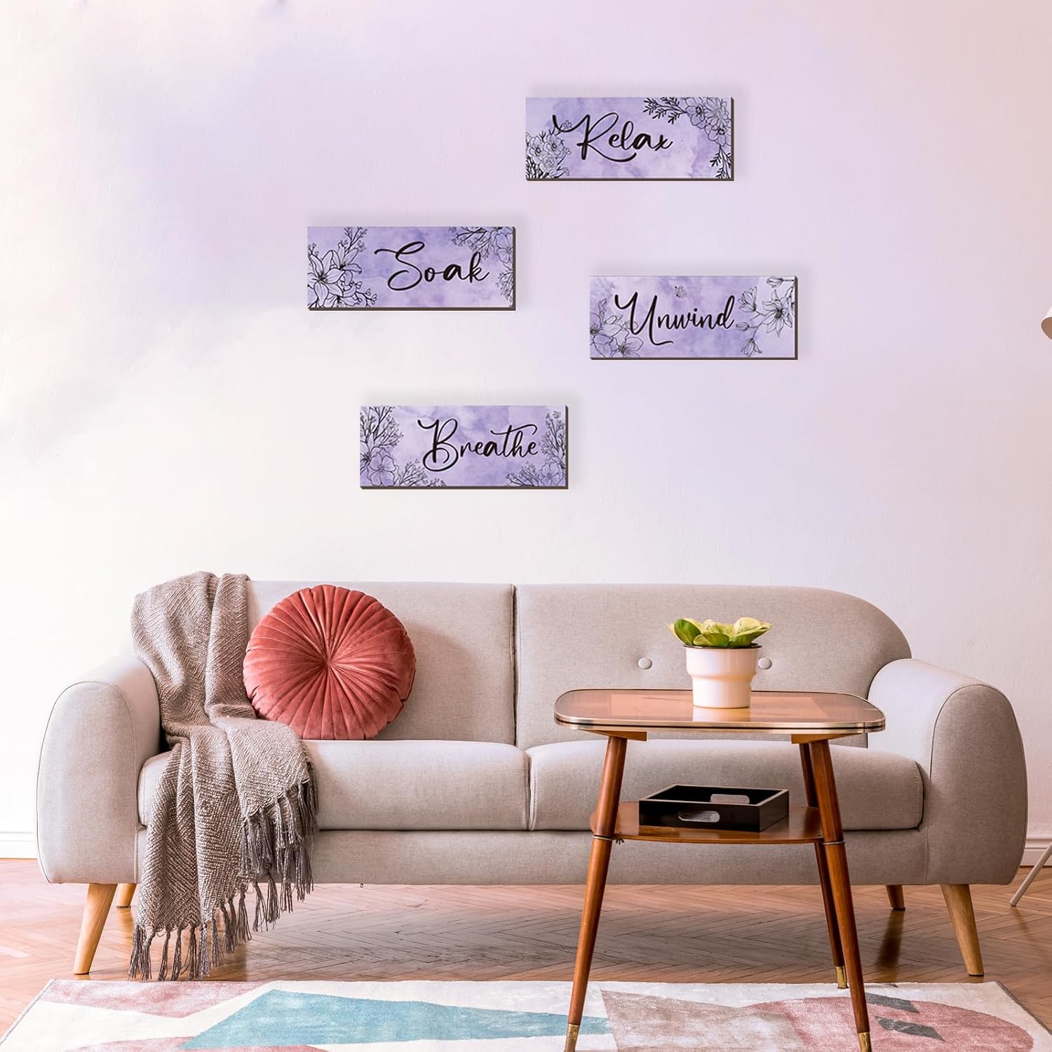 ONIZHITY 4-Piece Purple Floral Wall Art - Wooden Decor with Relax Soak Unwind Breathe Positive Hanging Art for Women's Bedroom & Living Room (10x4 Inches)