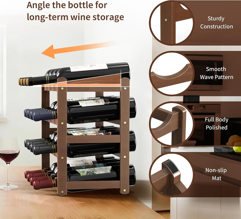 Wine Rack 16-Bottle Capacity, Space-Saving Countertop Wine Storage Organizer – Sturdy Bamboo Wine Holder for Kitchen, Bar,Cabinets & Pantry, Easy Access & Clutter-Free Organization(4-Tiers)
