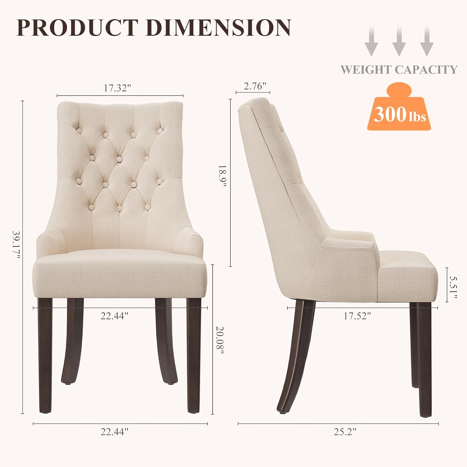 COLAMY Fabric Side Dining Chairs Set of 2, Wingback Upholstered Dining Room Chairs with Tufted Button, Living Room Chairs for Home Kitchen, Beige