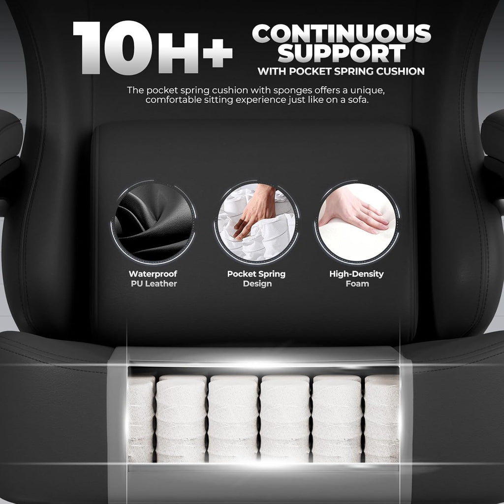 GTPLAYER Big and Tall Gaming Chair 400lbs Heavy Duty Office Chair with Footrest, High Back Pocket Spring Ergonomic Computer Chair for Adults, Wide Seated Cushion with Linkage Armrests, Leather Black