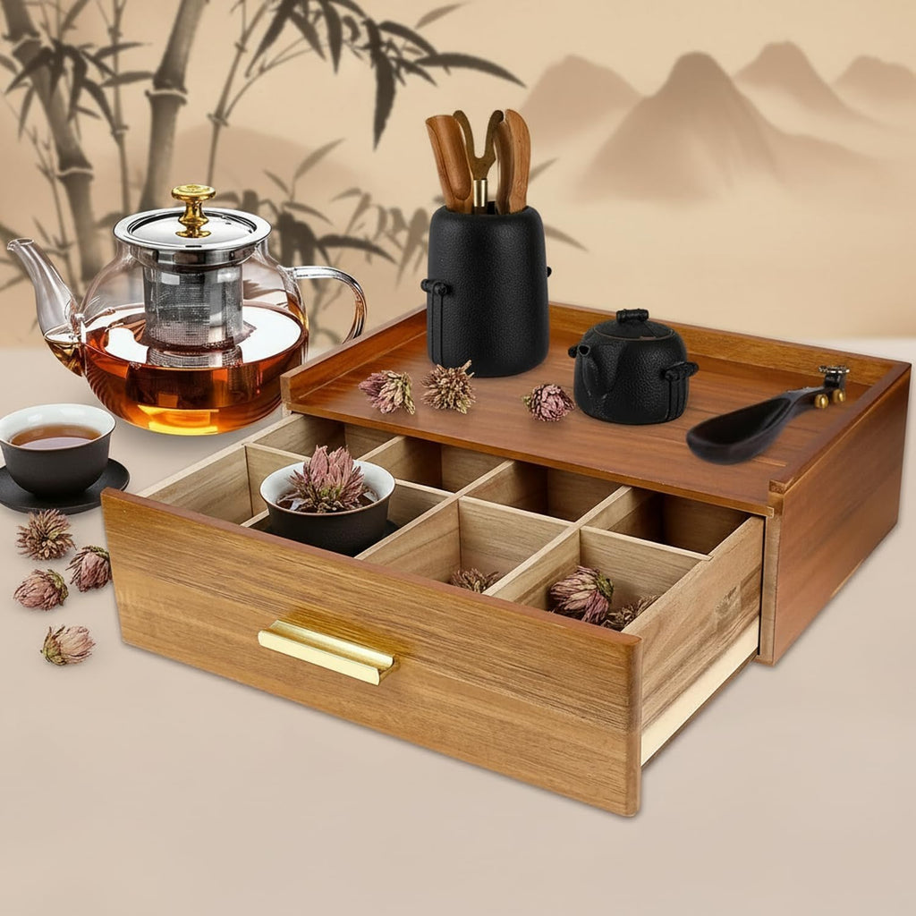 Acacia Wooden Tea Box Organizer with Drawer,Tea Chest for Tea Bags Storage,Tea and Coffee Organizer, Wood Tea Tray and Containers for Countertop Display,Acacia Wood