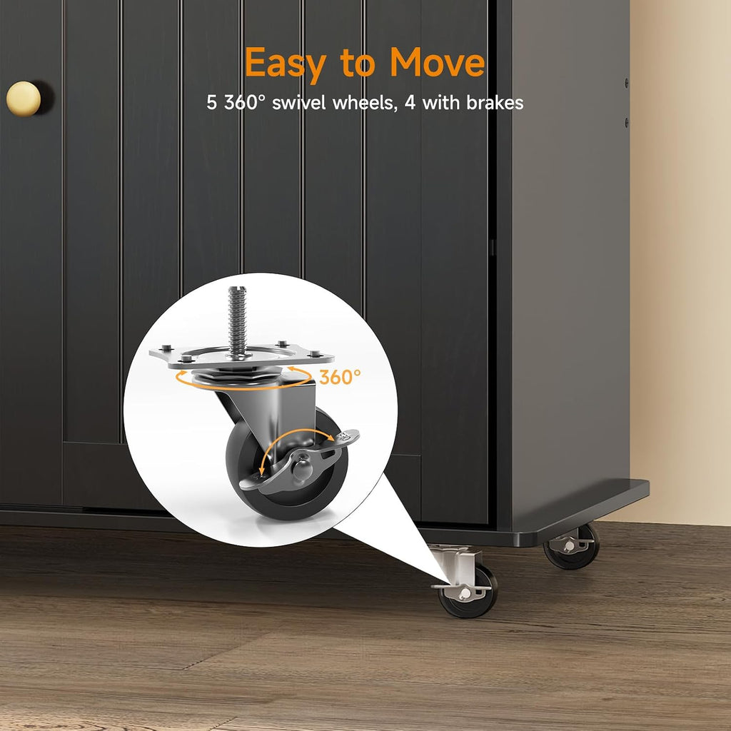 ComfyCorner 60" Rolling Large Kitchen Island on Wheels with Extendable Table, Drop Leaf & Power Outlet, Mobile Kitchen Cart with Storage Cabinet, 2 Drawers, Spice Rack, Towel & Knife Holder, Black