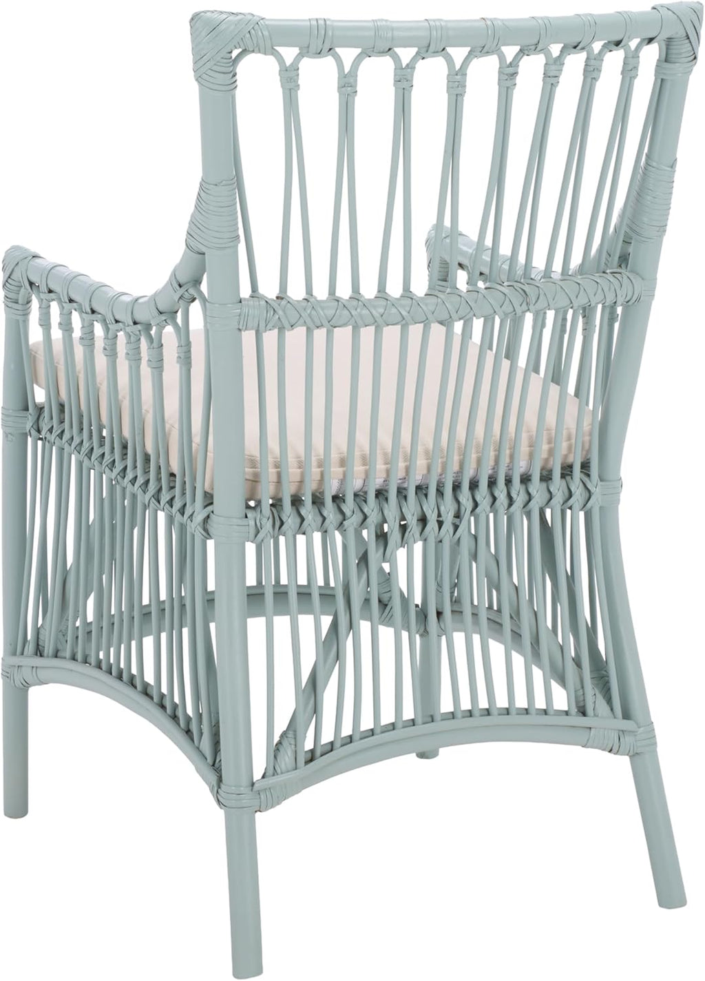 SAFAVIEH Furniture - Zorianna Dining Chair - Light Blue Rattan & White Cushion - Armchair Design - Ideal for Dining Room, Kitchen, 18.5" Seat Height (DCH6505C)