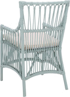 SAFAVIEH Furniture - Zorianna Dining Chair - Light Blue Rattan & White Cushion - Armchair Design - Ideal for Dining Room, Kitchen, 18.5" Seat Height (DCH6505C)