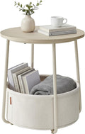 SONGMICS HOME Small Side Table, Round End Table, 2 Tier Nightstand with Basket, U Shaped Steel Legs, Easy Assembly, for Living Room, Bedroom, Beige and White
