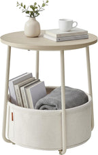 SONGMICS HOME Small Side Table, Round End Table, 2 Tier Nightstand with Basket, U Shaped Steel Legs, Easy Assembly, for Living Room, Bedroom, Beige and White