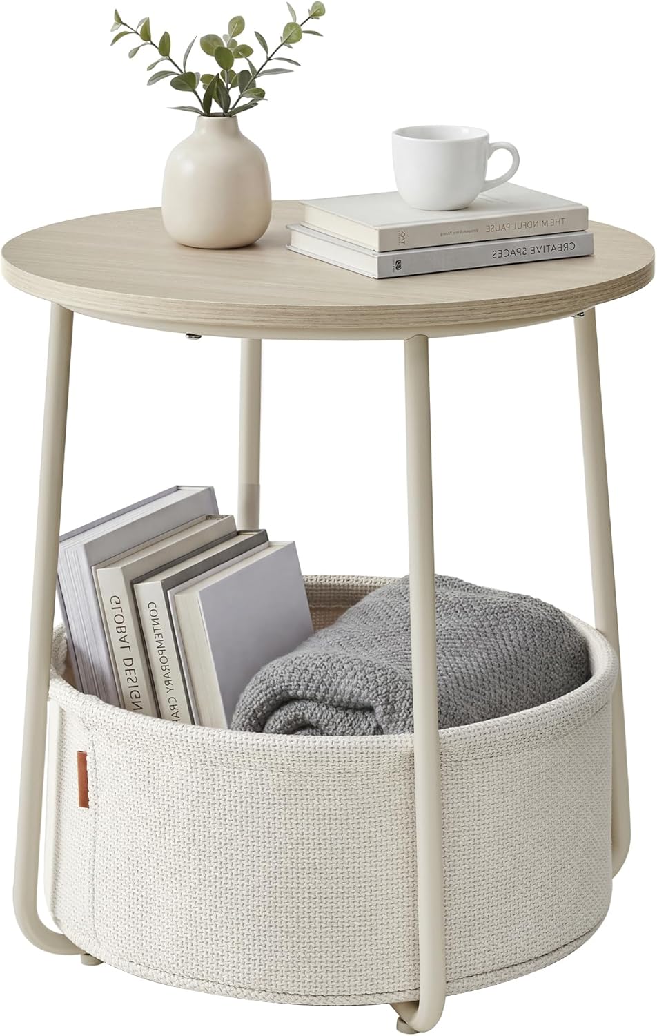 SONGMICS HOME Small Side Table, Round End Table, 2 Tier Nightstand with Basket, U Shaped Steel Legs, Easy Assembly, for Living Room, Bedroom, Beige and White