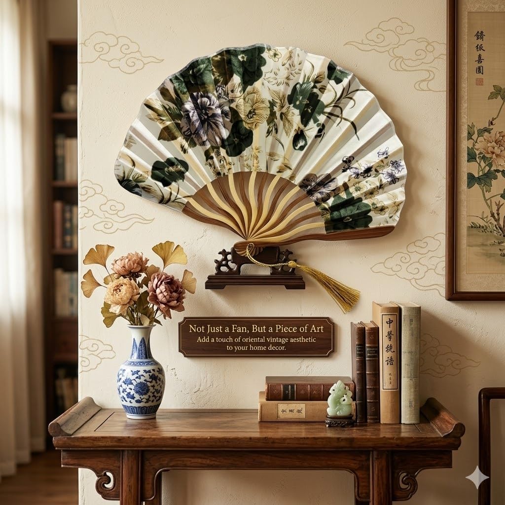 Vintage Floral Folding Hand Fan with Tassel, Chinese Style Fabric Hand Fan for Wedding, Dance, and Home Decor, Portable Elegant Fan for Women (Green Floral)