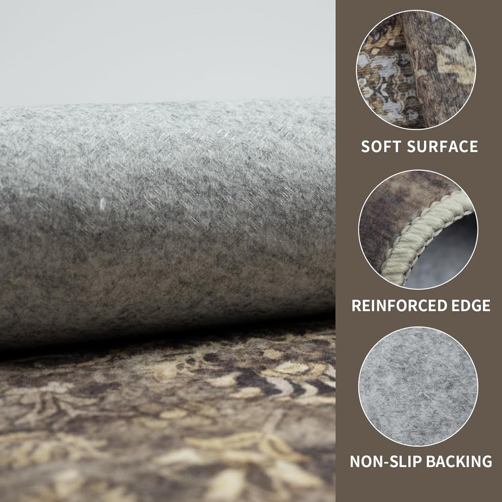 Washable Runner Hallway Rug,Low Pile 2x6 Non Slip Non-Shedding Kitchen Carpet Soft Indoor Stain Resistant Rug for Bedroom Laundry Room Bathroom Brown Floral