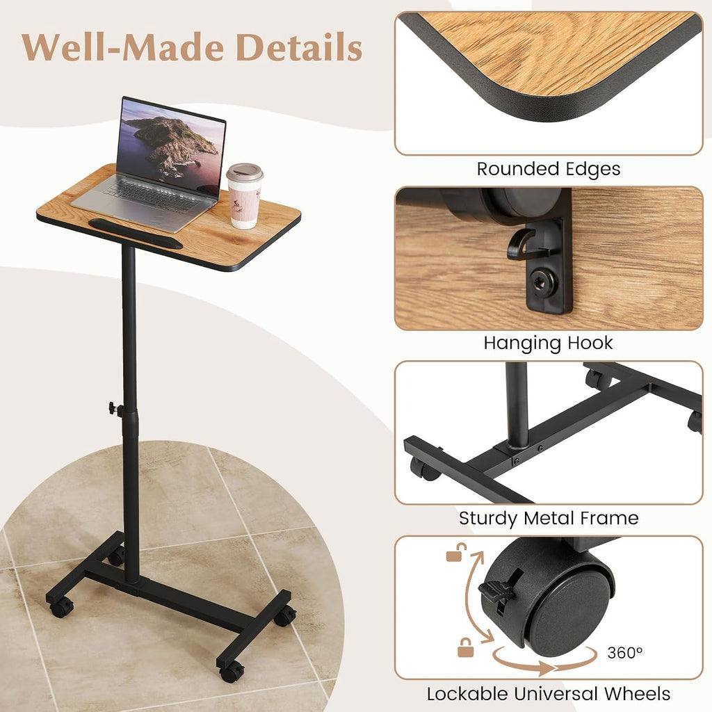 GOFLAME C-Shaped End Table Adjustable Height, Rolling Couch Sofa Side Table with 360° Tilting Top, Edge Stopper & Lockable Wheels, Modern 360° Swivel TV Tray Tables for Living Room, Bedroom (Brown)
