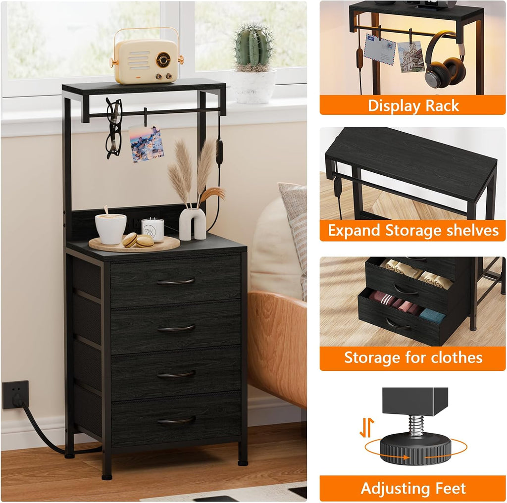 Furnulem Nightstands Set of 2, 38" Tall Bedside Table with Charging Station | Charging Station & RGB LED Lights, 4 Fabric Drawers & Storage Wood Shelves, Metal Frame, Black Night Stand for Bedroom Dorm
