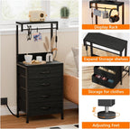 Furnulem Nightstands Set of 2, 38" Tall Bedside Table with Charging Station | Charging Station & RGB LED Lights, 4 Fabric Drawers & Storage Wood Shelves, Metal Frame, Black Night Stand for Bedroom Dorm
