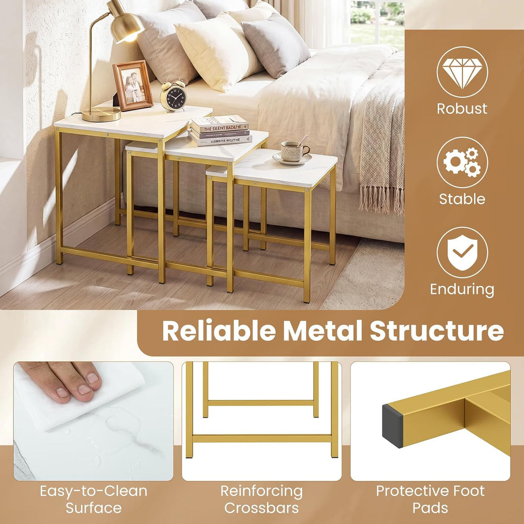 Giantex Nesting Coffee Table Set of 3, Small Center Tables, White | Faux Marble Coffee Table with Metal Frame, Space-Saving Stacking End Table for Small Space