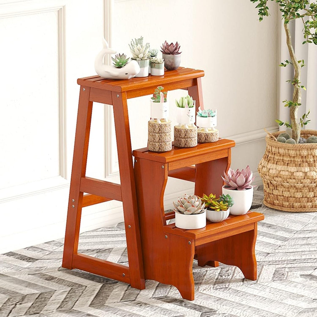 3 Step Solid Wood Folding Ladder Chair Portable Wooden Step Stool for Adults Office Home Kitchen Outdoor(Burgundy,77cm)