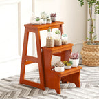 3 Step Solid Wood Folding Ladder Chair Portable Wooden Step Stool for Adults Office Home Kitchen Outdoor(Burgundy,77cm)