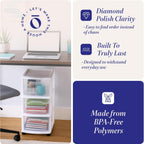 HOMZ Drawer Tower, 3-Tier Rolling Storage Cart with Removable Wheels, White Frame – Plastic Organizer with Clear Bin Drawers for Bedroom, Bathroom, Home Office, and Dorm Room