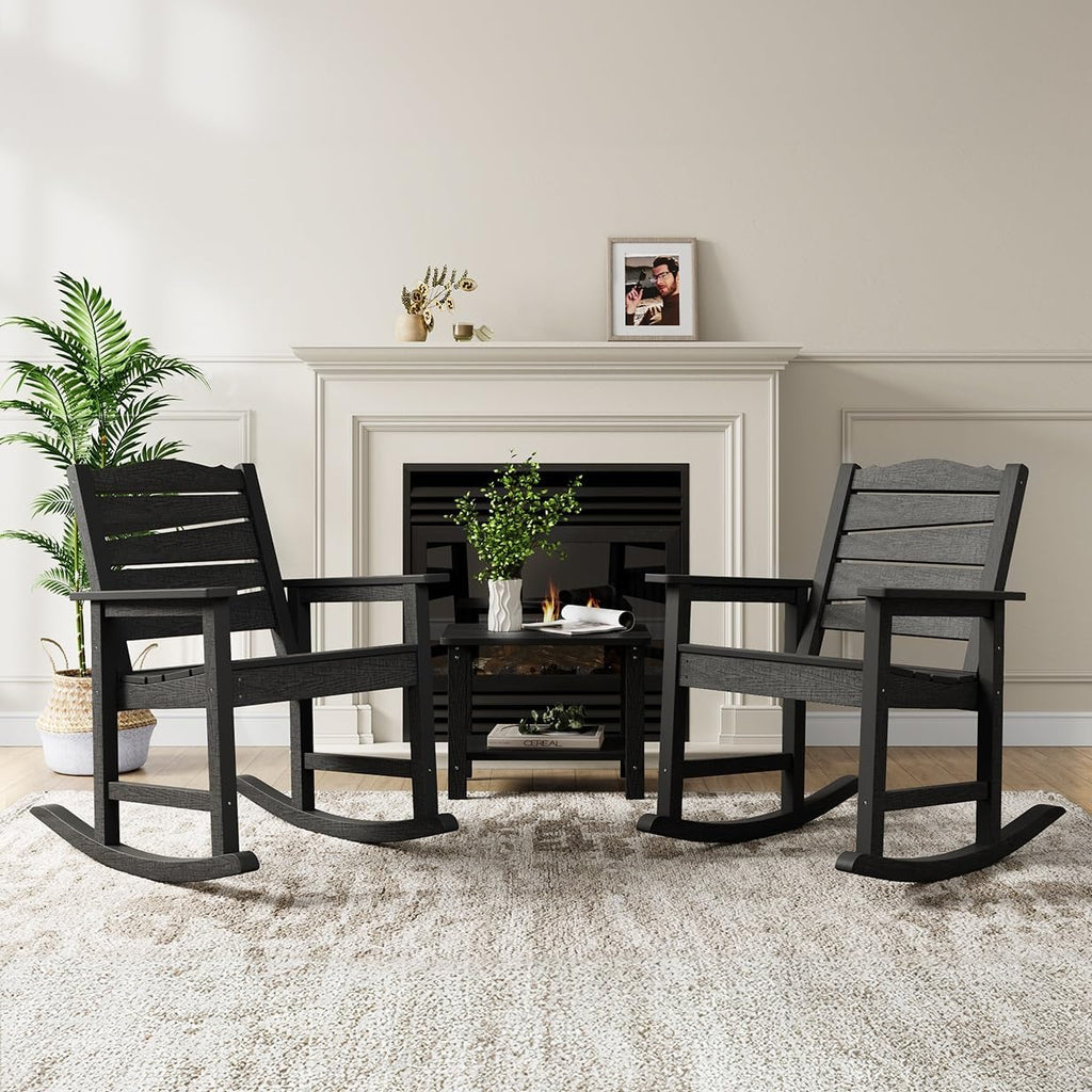 Patio Rocking Chairs Set of 2, Weatherproof HIPS Outdoor Rocking Chair for Adults, 400LBS Support Heavy Duty Porch Rocking Chairs for Garden, Lawn, Backyard, Outdoor and Indoor (Black)