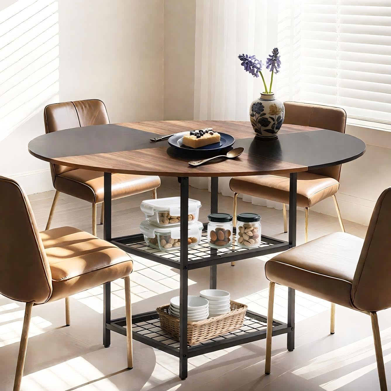 EROMMY Round Dining Table for 4, Wood Kitchen Table with Storage Shelves, Farmhouse Dinner Table for Home Dining Room Kitchen Living Room, Black Rustic Brown(Only Table)