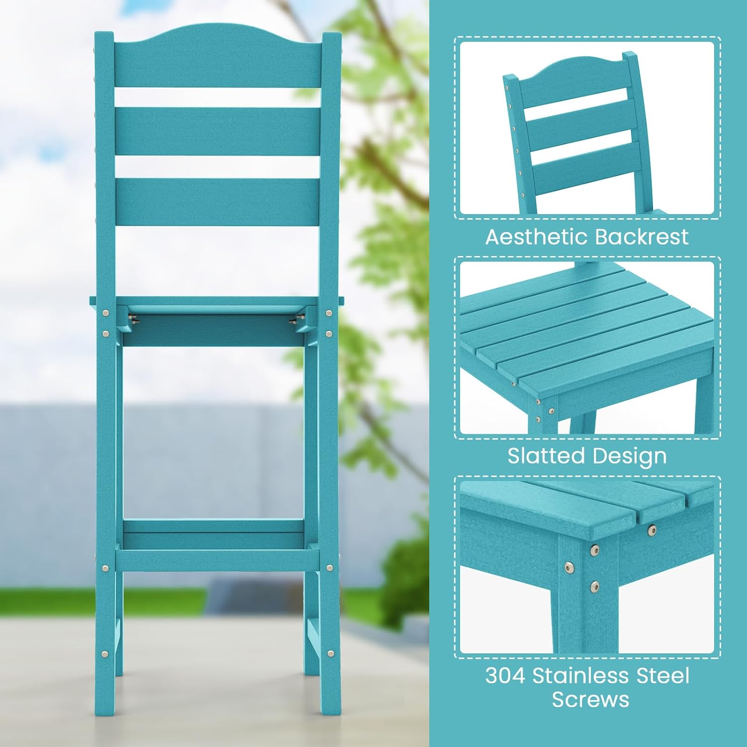Giantex Outdoor HDPE Bar Stool, Patio Tall Bar Chair with Backrest and Footrest, 30 Inches Counter Height Barstools for Garden, Backyard, Weather Resistance, Easy Maintenance(2, Turquoise)