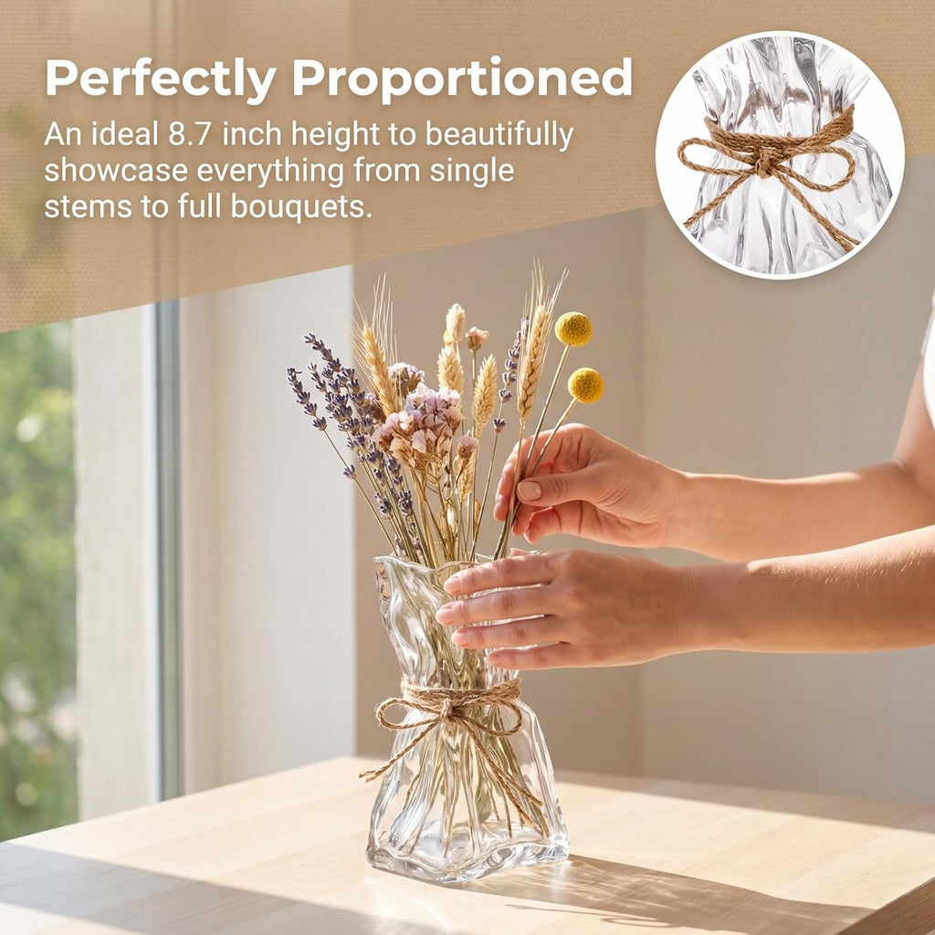 Covzoe Glass Vase, 8.7 Inch Tall Irregular Shaped Flower Vase with Hemp Rope, Clear Art Decorative Vases for Table Centerpiece, Modern Bouquet Vases for Home Office Wedding Housewarming Gift