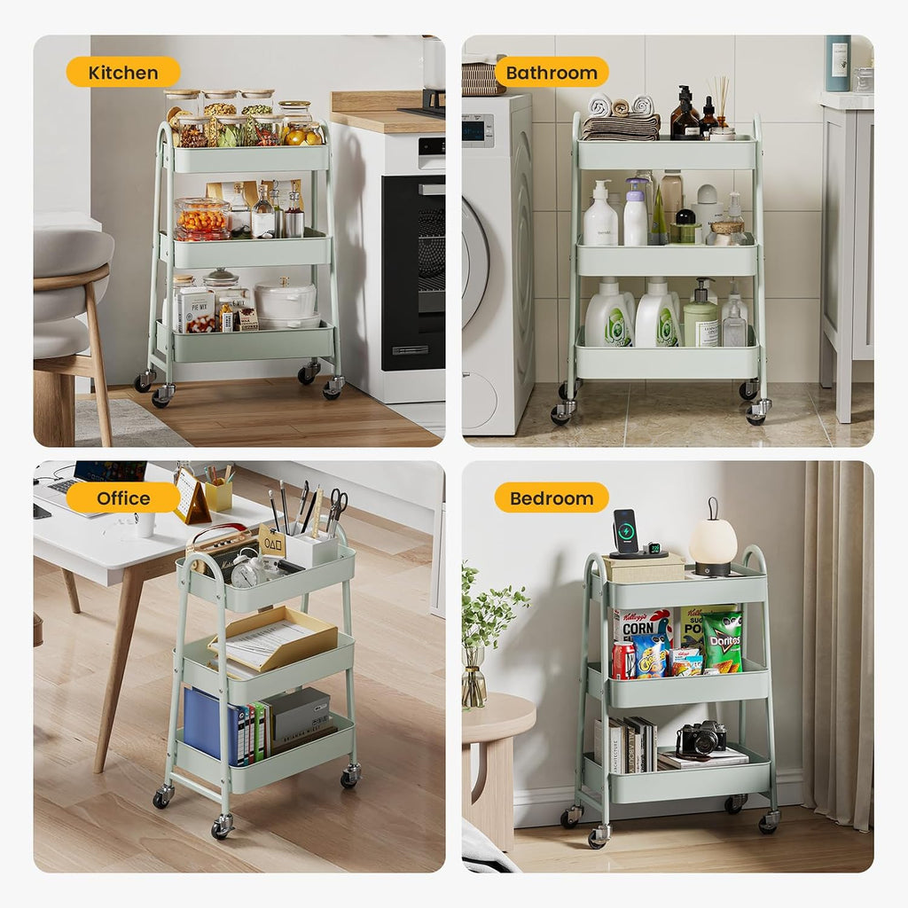 DUMOS 3 Tiers Metal Rolling Utility Cart with Lockable Wheels, Mobile Storage Organizer, Utility Shelving Unit for Kitchen, Office, Bathroom, Laundry, Narrow Places, Light Green