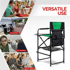 mefeir 45.7" Extra Tall Director Chair w/Side Table, Heavy-Duty Steel Frame Portable Folding Bar Stool w/Storage Pockets, for Makeup Artist, Salon, Studio, Camping, 300 lbs Capacity (Green)