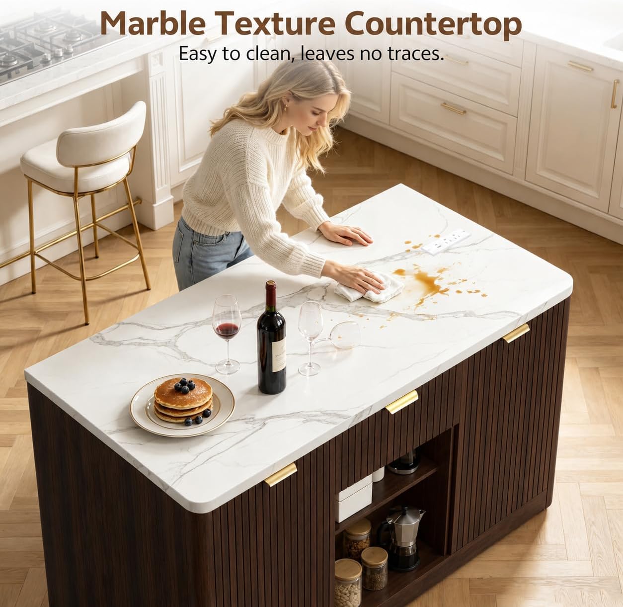 Marble Top Kitchen Island, 47.2" W Kitchen Island on Wheels Islands Table with Power Outlet Rolling Coffee Bar Cart with Buffet Cabinet & Drawer for Dining Room Breakfast Bar Table - Walnut