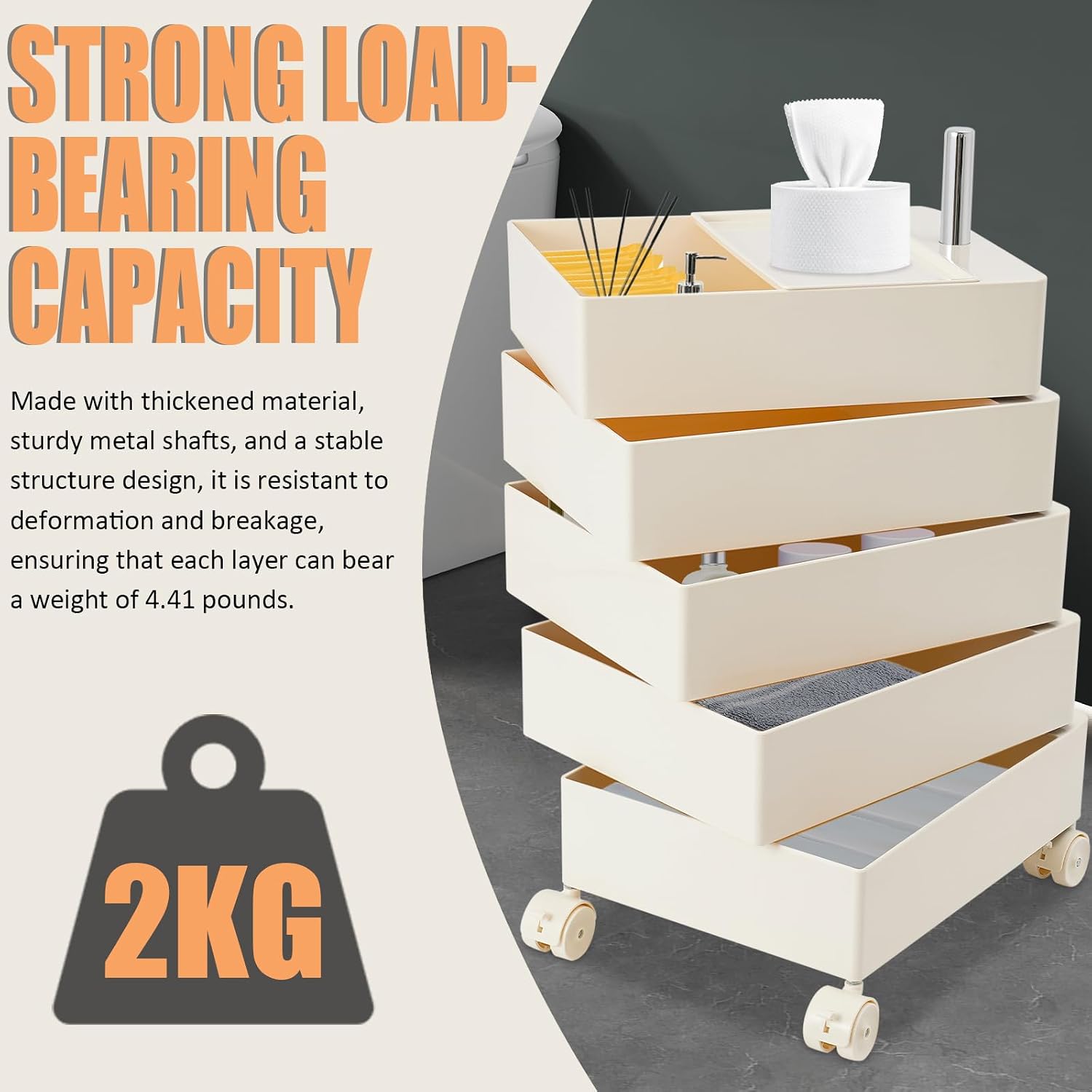 360° Movable Rotating Storage End Table Sofa Side Cabinet Laptop Bedside Table with 5 Tiers Shelves 4 Universal Casters for Living Room Bedroom Sofa Dormitory, White