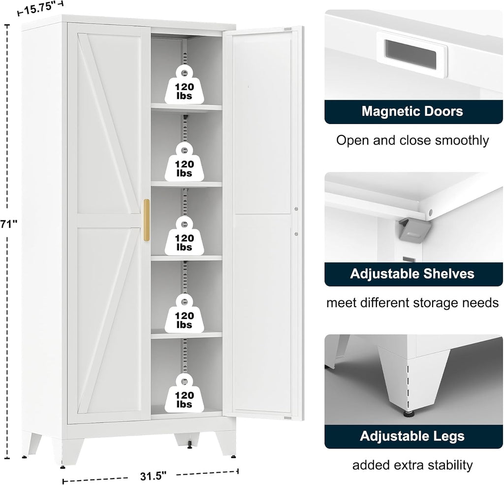 LCAOPC 71" Tall Metal Storage Cabinet with 2 Doors and 4 Adjustable Shelves, 5-Tier Kitchen Pantry Storage Cabinet for Kitchen, Living Room, Dining Room and Office, White