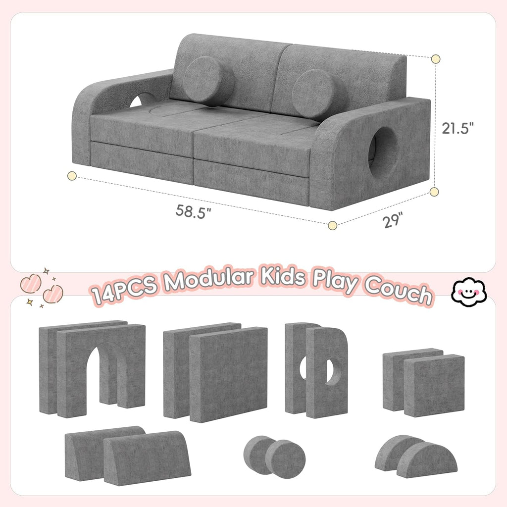 Betterhood 14pcs Modular Kids Play Couch, 1000+DIY Versatile Kids Couch Building Fort, Child Sectional Sofa for Playroom Bedroom, Convertible Foam Sofa for Boys & Girls (Grey)