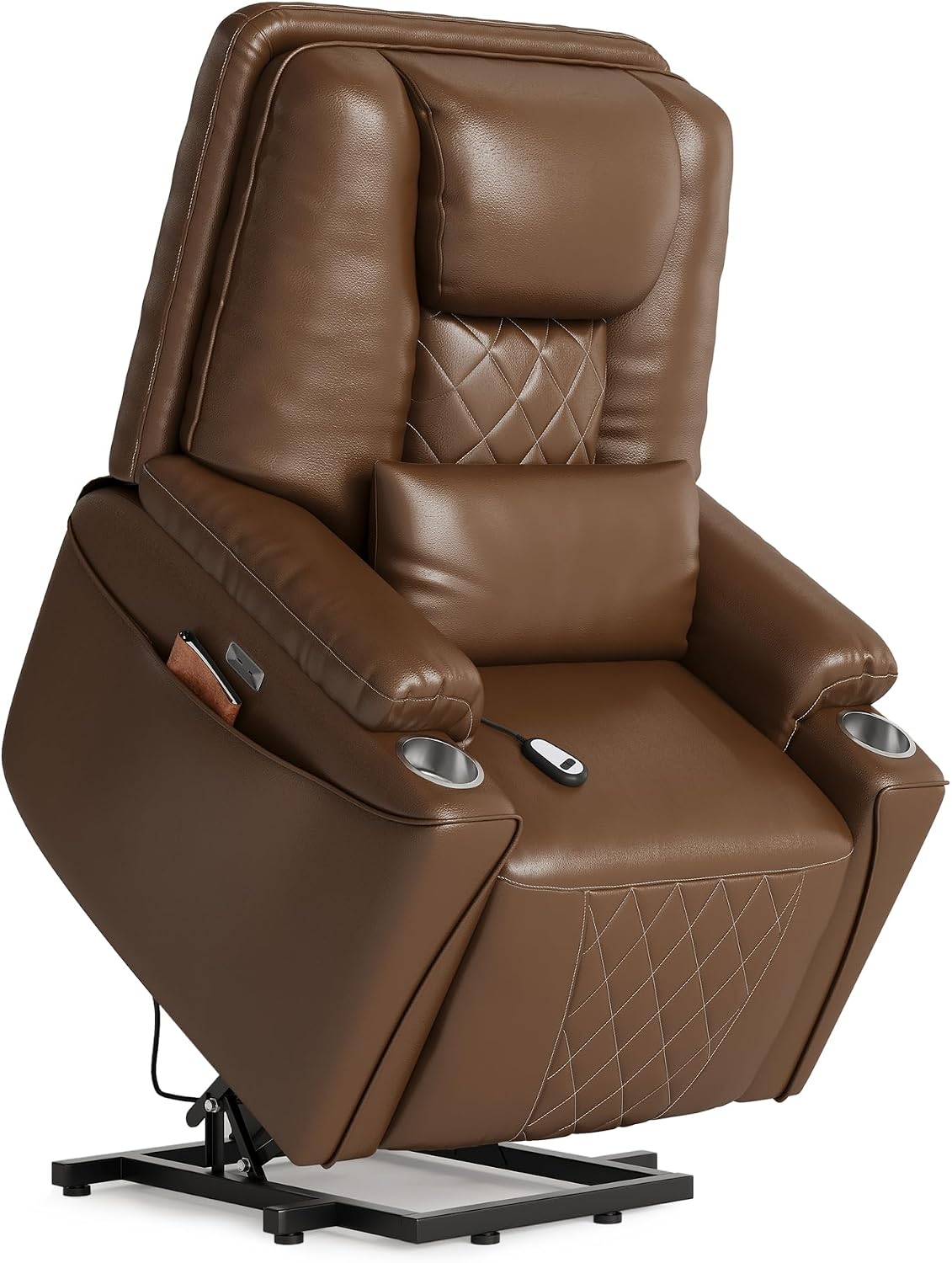 Garvee Power Lift Recliner Chair Sofa, PU Leather Reclining with Charging Ports, Cup Holders, Electric Stand Assist for Elderly, Home Theater Seating with Remote for Living Room, Brown
